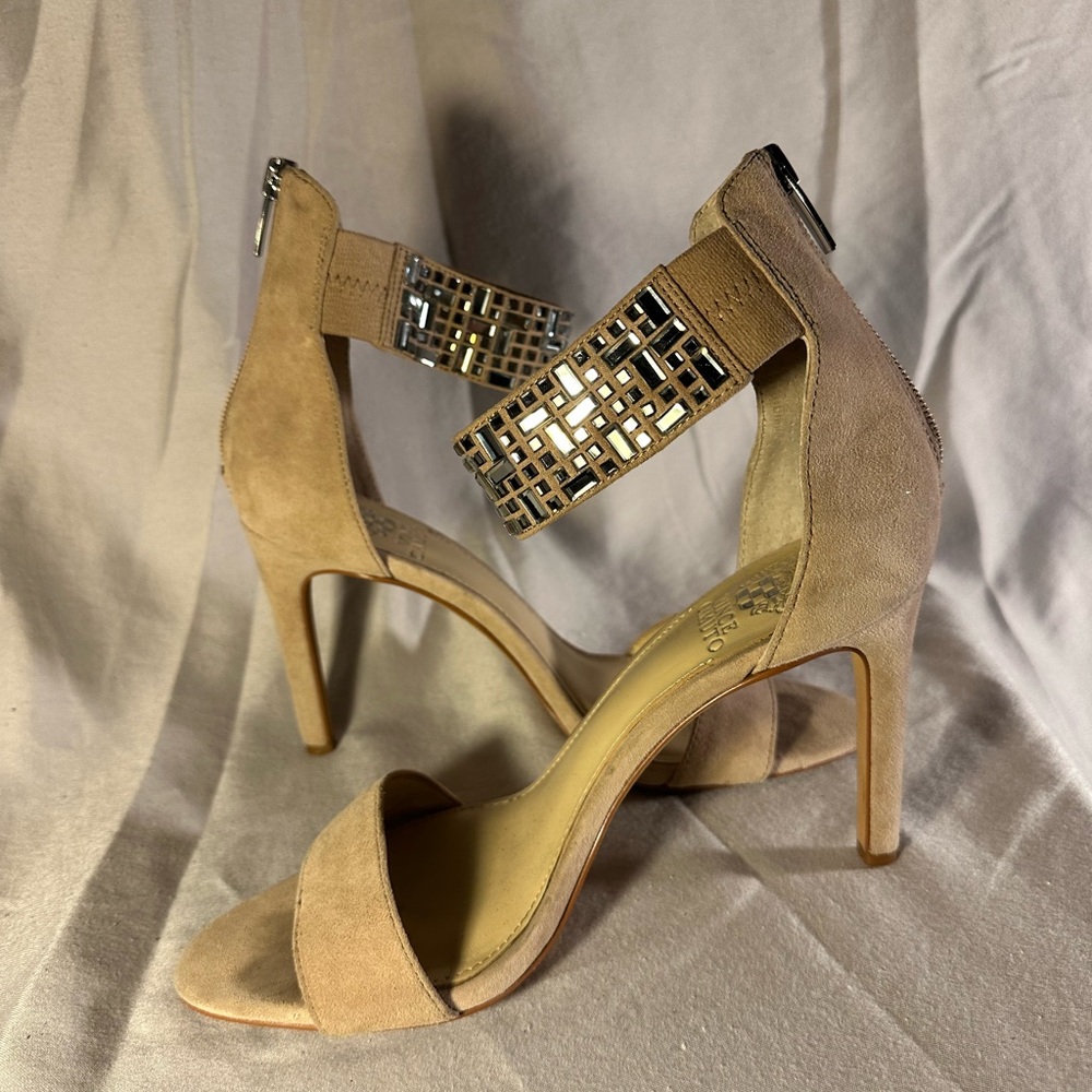 Vince Camuto Size 8.5. Elegant Tan High Heels with sparkle ankle straps.